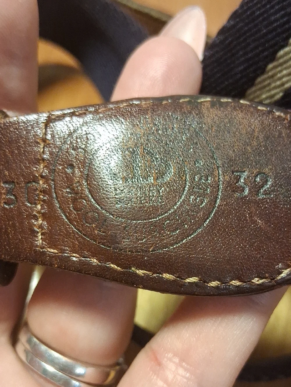 Dooney And Bourke Women Navy and Tan Striped Canvas Belt with Brown Leather Trim